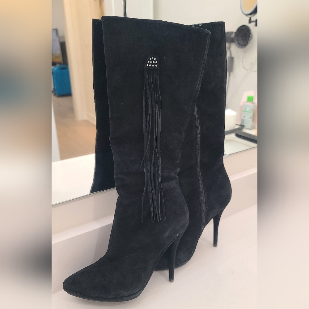 Braska Pointed Toe Black Knee High Suede boots with fringes eur 37 Festival